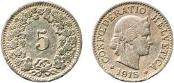 World Coins - Switzerland Federal State 1915 B 5 Rappen (Libertas; copper-nickel) Copper-nickel (75% copper, 25% nickel, non-magnetic) Bern Mint (3000000) 1.97g VF  HMZ 2 1212 Divo/Tob19 319 KM