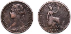 World Coins - Great Britain United Kingdom 1865 1 Farthing - Victoria (2nd portrait; 1st type) Bronze (4659200) 2.71g VF KM 747 Sp 3958