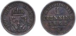 World Coins - Germany Kingdom of Prussia 1868 C 1 Pfenning - William I Copper Frankfurt am Main Mint 1.5g XF AKS 108 Old/Mue 2 426, 429, 433 KM 480 Kahnt/Schön 84 Neum 19