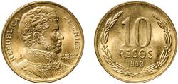 World Coins - Chile Republic 1993 So 10 Pesos Copper-aluminium-nickel (92% Copper, 6% Aluminium, 2% Nickel) Casa de Moneda de Chile Mint (98000000) 3.48g UNC  KM 228 Schön 82 KM 228.1 KM 228.2