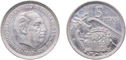 World Coins - Spain Nationalist Government 1957 *74 5 Pesetas - Francisco Franco Copper-nickel (75% copper, 25% nickel) Royal Mint of Spain (100000000) 5.71g AU  KM 786 Cal 49 Schön 34