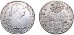 World Coins - Spain Kingdom 1808 M AI 2 Reales - Carlos IV Silver (.806) Madrid Mint 6g XF KM430.1