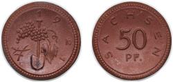 World Coins - Germany Federal state of Saxony Weimar Republic 1921 50 Pfennig - Sachsen Porcelain (brown) (493000) 1.9g UNC Men05 22281.9 Men18 27868.9 Scheuch 34a
