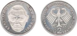 World Coins - Germany Federal Republic of Germany 2000 J 2 Deutsche Mark (Ludwig Erhard) Copper-nickel clad nickel Hamburgische Münze Mint (70000) 7g UNC KM 170 J 445 Schön 167