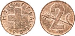 World Coins - Switzerland Federal State 1957 B 2 Rappen (Wheat spike) Bronze (95% copper, 4% tin, 1% zinc) Bern Mint (8090000) 2.98g UNC  HMZ 2 1214 Divo/Tob19 325 KM 47 Schön 42 Y 55
