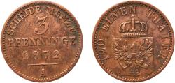 World Coins - Germany Kingdom of Prussia German states 1872 A 3 Pfenninge - William I Copper Berlin Mint 4.4g XF  AKS 106 Old/Mue 2 424, 427, 431 KM 482 Neum 17 Schr 162-188