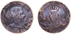 World Coins - Spain Kingdom 1868 OM 2½ Centimos de Escudo - Isabel II Bronze Barcelona Mint 6.25g VF KM 634 Cal 638
