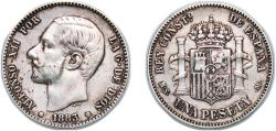 World Coins - Spain Kingdom 1883 *?8-83 MSM 1 Peseta - Alfonso XII (2nd portrait) Silver (.835) Madrid Mint (8445839) 4.95g XF  KM 686 Cal 56