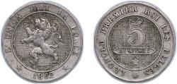 World Coins - Belgium 1862 5 Centimes - Léopold I Copper-nickel (75% Copper, 25% Nickel) (14149380) 2.95g XF KM 21 LA BFM-15