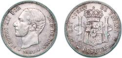 World Coins - Spain Kingdom 1881 *??-81 MSM 2 Pesetas - Alfonso XII Silver (.835) Madrid Mint 9.97g XF KM 678 Cal 46