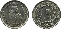 World Coins - Switzerland 1968 B 1 Franc (Helvetia standing; copper-nickel) Copper-nickel (75% copper, 25% nickel) Bern Mint (40864000) 4.41g UNC  HMZ 2 1204 Divo/Tob19 307a KM 24a Schön 28a Sc
