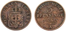 World Coins - Germany States Kingdom of Prussia Wilhelm I 1863 A 3 Pfenninge