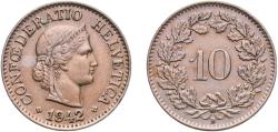 World Coins - Switzerland Federal State 1942 B 10 Rappen (Libertas; copper-nickel) Copper-nickel (75% copper, 25% nickel; non-magnetic) Bern Mint (2110000) 3.03g AU  HMZ 2 1210 Divo/Tob19 314 K