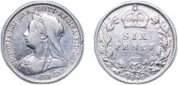 World Coins - Great Britain 1896 6 Pence - Victoria (3rd portrait) Silver (.925) Royal Mint (Tower Hill) (6651600) 2.8g XF KM 779 Sp 3941