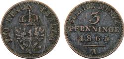 World Coins - Germany State Kingdom of Prussia Wilhelm I 1865 A 3 Pfenninge