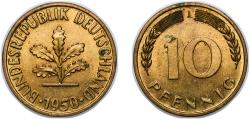 World Coins - Germany Federal Republic of Germany 1950 J 10 Pfennigs Brass clad steel (90% Iron, 10% Brass) (402452000) 4.06g UNC KM 108 J 383 Schön 106
