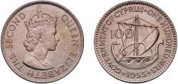 World Coins - Cyprus 1955 100 Mils - Elizabeth II (1st portrait) Copper-nickel (75% Copper, 25% Nickel) Royal Mint (Tower Hill) (2500000) 11.32g UNC  KM 37