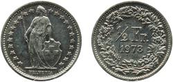 World Coins - Switzerland 1973 ½ Franc (Helvetia standing; copper-nickel) Copper-nickel (75% copper, 25% nickel) Bern Mint (5000000) 2.2g BU  HMZ 2 1206 Divo/Tob19 309a KM 23a Schön 27a Schön 5
