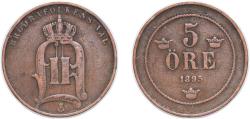 World Coins - Sweden Kingdom 1895 5 Öre - Oscar II (large letters) Bronze (528530) 7.68g VF KM 757 Schön 3