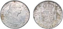 World Coins - Mexico Spanish colony 1806 TH 8 Reales - Charles IV Silver (.903) Mexico City Mint 26.88g AU KM 109