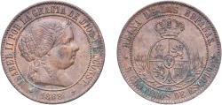 World Coins - Spain Kingdom 1868 OM 5 Centimos de Escudo - Isabel II Bronze Jubia Mint 12.23g XF KM 635.1 Cal 625