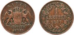 World Coins - Germany Grand Duchy of Baden German states 1867 1 Kreuzer - Friedrich I Copper Staatliche Münze Baden-Württemberg Mint (697710) 4.35g XF  KM 242 Jaeg 2 AB 81 AKS 132