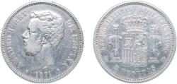 World Coins - Spain Kingdom 1871 *18-71 SDM 5 Pesetas - Amadeo I Silver (.900) 24.77g XF KM 666 Cal 5