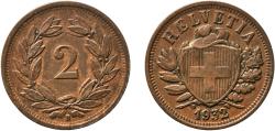 World Coins - Switzerland Federal State 1932 B 2 Rappen (Wreath; bronze; heavy type) Bronze (95% copper, 4% tin, 1% zinc) Bern Mint (1500000) 2.94g XF  HMZ 2 1213 Divo/Tob19 323 KM 4.2a Schön 1