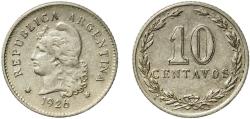 World Coins - Argentina Federal Republic 1926 10 Centavos Copper-nickel (Cu 75 Ni 25) Buenos Aires Mint (5055000) 3g XF  KM 35 CJ 90-129 Schön 38