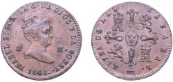 World Coins - Spain Kingdom 1842 2 Maravedis - Isabel II Copper Segovia Mint 2.16g AU KM 532.4 Cal 554
