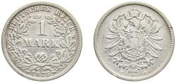 World Coins - Germany Second Empire 1875 F 1 Mark - Wilhelm I (type 1 - large shield) Silver (.900) Stuttgart Mint (7073602) 5.556g VF KM 7 AKS 1 J 9 Schön DM 9