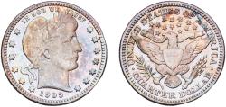 Us Coins - United States Federal republic 1909 ¼ Dollar "Barber Quarter" Silver (.900) (.100 copper) Philadelphia Mint (9268000) 6.11g XF PCGS 5653 Greysheet 5405