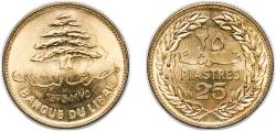 World Coins - Lebanon Republic 1975 25 Qirshā / Piastres Nickel brass (92% Copper, 6% Aluminium, 2% Nickel) Monnaie de Paris, 3.99g UNC KM 27.1 KM 27.2 Schön 28