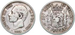 World Coins - Spain Kingdom 1879 *18-79 EMM 2 Pesetas - Alfonso XII Silver (.835) Madrid Mint (5578225) 9.87g VF  KM 678 Cal 46