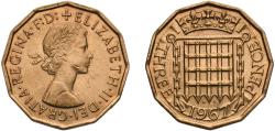 World Coins - Great Britain United Kingdom Kingdom of England 1967 3 Pence - Elizabeth II (1st portrait; without 'BRITT:OMN') Nickel brass (79% Cu, 20% Zn, 1% Ni) Royal Mint (Tower Hill) (15178