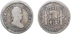 World Coins - Chile Spanish colony 1813 So FJ 2 Reales - Fernando VII (bust of Fernando VII) Silver (.896) Santiago Mint (136000) 6.52g VF KM 79