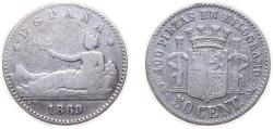 World Coins - Spain Provisional Government 1869 *?-9 SNM 50 Centimos Silver (.835) Madrid Mint (452726) 2.5g VF KM651