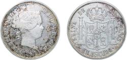 World Coins - Spain Kingdom 1867 1 Escudo - Isabel II Silver (.900) Madrid Mint 12.95g XF KM 626