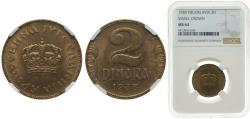 World Coins - Yugoslavia Kingdom 1938 2 Dinara - Petar II (small crown) Aluminium-bronze (91 % Cu, 9 % Al) (750000) 4.9g NGC MS 64 KM 21 Schön 16
