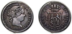 World Coins - Spain Kingdom 1862 1 Real - Isabel II Silver (.900) Madrid Mint 1.28g VF KM 606.2