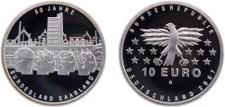 World Coins - Germany  Federal Republic of Germany 2007 G 10 Euro (50 Years of Saarland) Silver (.925) Karlsruhe Mint (239600) 18g PF KM263 J525 Schön256
