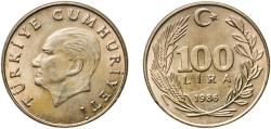 World Coins - Turkey Republic 1986 100 Lira Nickel brass (75% Copper, 16% Nickel, 8% Zinc, 1% Manganese) Turkish State Mint (12064000) 11.08g UNC  KM 967 Schön 487