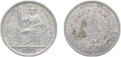 World Coins - French Indochina French colony 1937 20 Cents Silver (.680) Paris Mint (17500000) 5.43g XF KM 17.1 KM 17.2