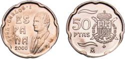 World Coins - Spain Kingdom 2000 M 50 Pesetas - Juan Carlos I Copper-nickel (75% copper, 25% nickel) Madrid Mint (1980000) 5.6g UNC  KM 991 Schön 270