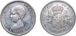 World Coins - Spain Kingdom 1891 *18-91 PGM 2 Pesetas - Alfonso XIII (1st portrait) Silver (.835) Madrid Mint 9.97g AU KM 692 Cal 29