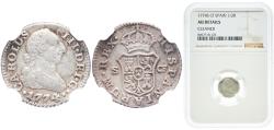 World Coins - Spain Kingdom 1774 S CF ½ Real - Carlos III (portrait) Silver (.813) Seville Mint 1.47g NGC AU  KM 410