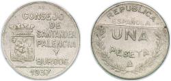 World Coins - Santander, Palencia and Burgos, Provinces of 1937 1 Peseta (Santander, Palencia and Burgos) Copper-nickel (300000) 5.33g XF  KM 2