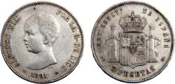 World Coins - Spain Kingdom Alfonso XIII 1891 *18-91 PGM 5 Pesetas 1st portrait