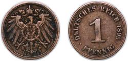 World Coins - Germany Germany - 1871-1948 German states 1895 A 1 Pfennig (type 2 - small shield) Copper (Cu 950, Sn 40, Zn 10) (20151614) 1.9g XF KM 10 AKS 21 J 10 Schön 10 Neum 35