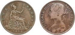 World Coins - Great Britain United Kingdom Kingdom 1894 1 Penny - Victoria (2nd portrait; 2nd type) Bronze Royal Mint (Tower Hill) (3883000) 9.28g VF  KM 755 Sp 3954 Sp 3955